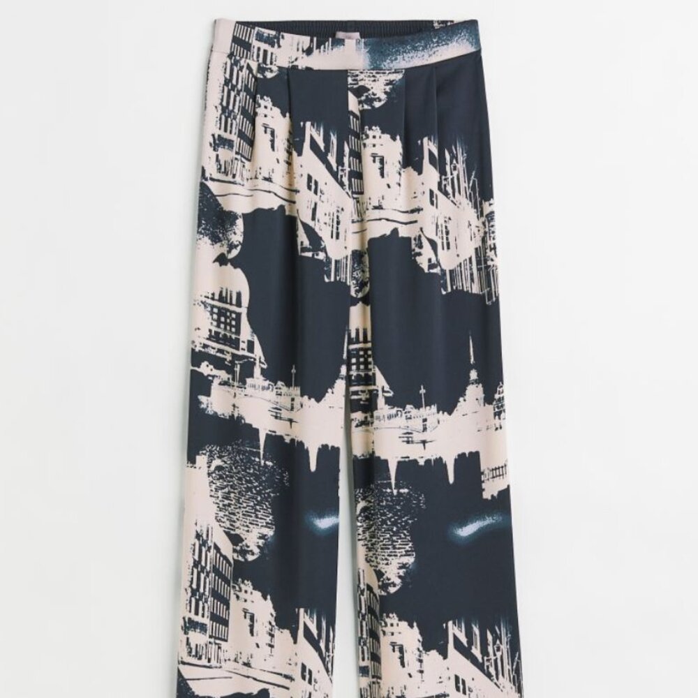 H&M Satin WIDE-CUT High Waist Pants Trousers in Dark Navy/Beige Stockholm Size 4